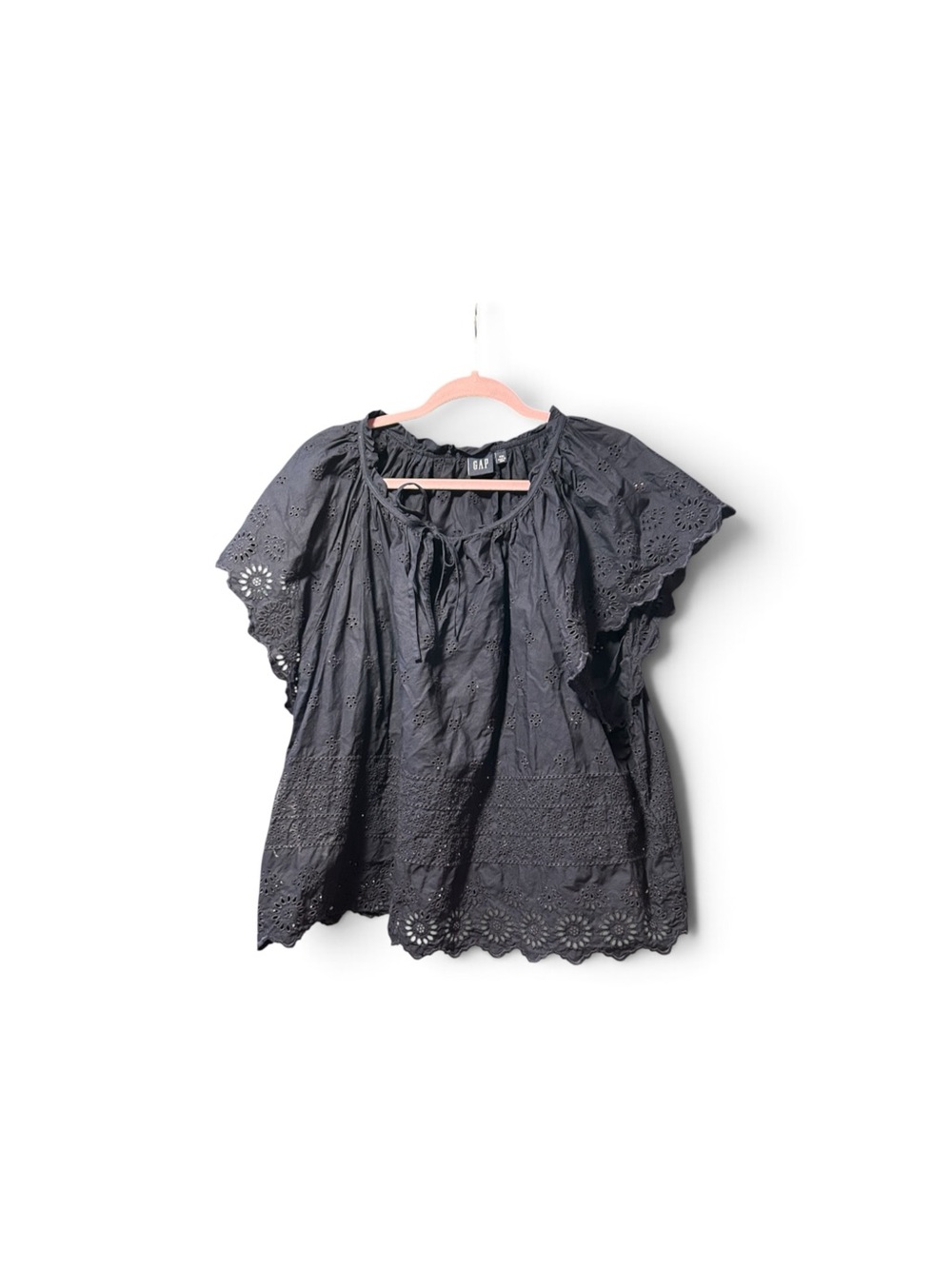 GAP Black Eyelet Flutter Sleeve Tie-Neck Top